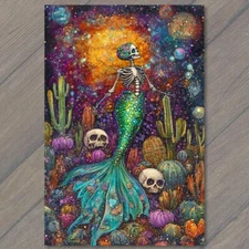 Art Print Mermaid Skeleton Vibrant Flowers Full Moon Fantasy Colorful Skull