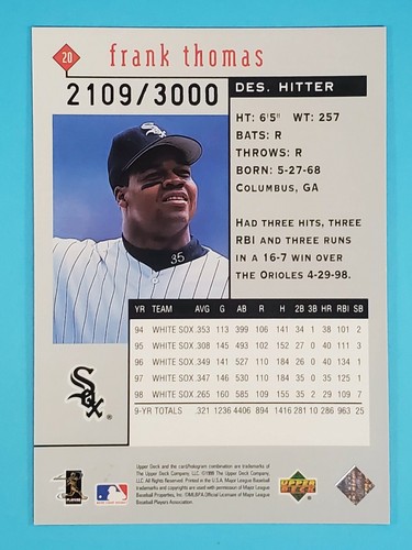Upper Deck Black Diamond 1999 doble Frank Thomas White Sox #20 2109/3000 - Imagen 2 de 2