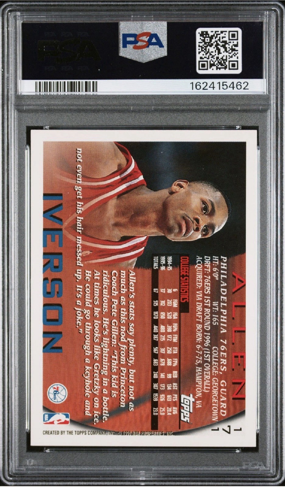 1996 Topps Allen Iverson PSA 10 Rookie Card view 2