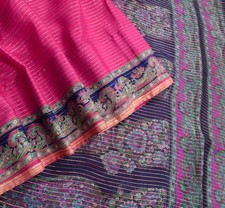 Sushila Vintage Magenta Saree with Blue Border Pallu Pure Silk Woven Sari Fabric