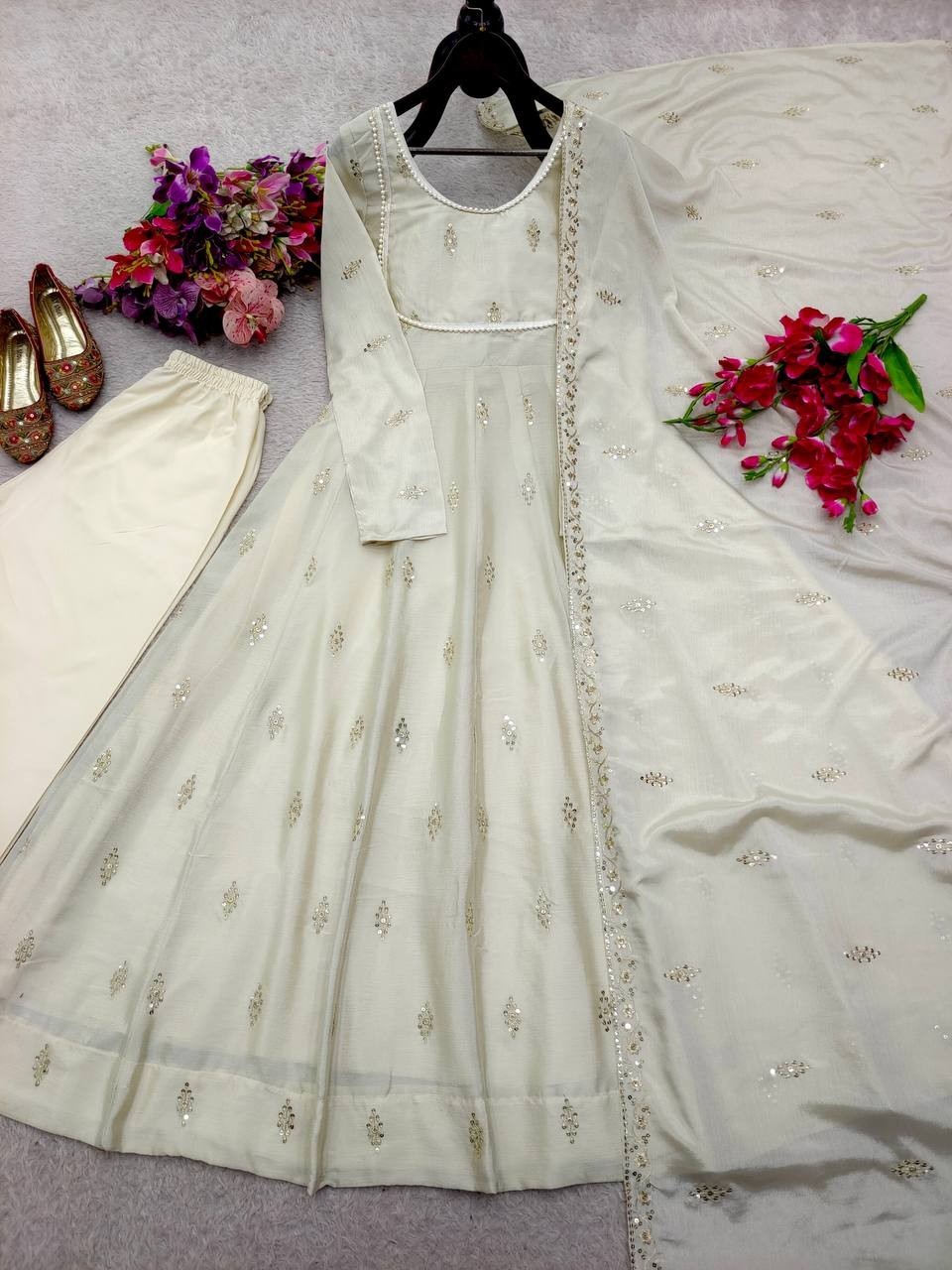 Pure Chinon Silk Off White Gown Bottom With Dupatta For Women Festival Wear thumbnail 10