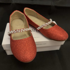 Girls Dress Mary Jane Flats Red Glitter Beaded Strap Round Toe US 4 EU 36 UK 3
