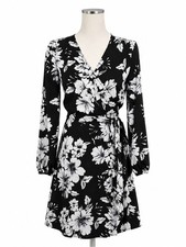 Gianni Bini Floral Wrap Mini Dress V Neck Long Sleeve Tie Waist Black White M