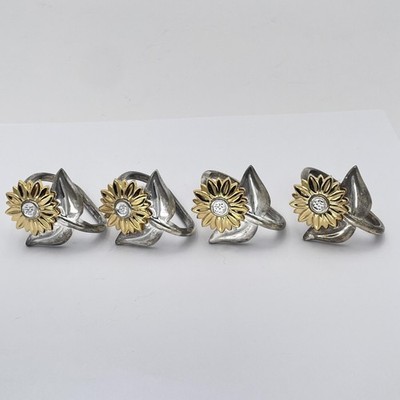 Sunflower Napkin Rings Silver Tone Yellow Flower Leaf Set of 4 Metal Table Decor