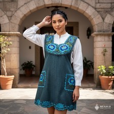 Blues Mexican Embroidered Cotton Apron   Floral Design For Women 34 x 22 in