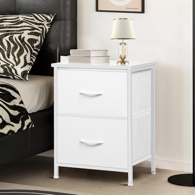 White Nightstand, Bedside Table with 2 Fabric Drawers, Small Night Stand for ...