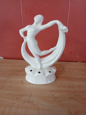 Antique Art Deco Scarf Dancer Dancing Nude Lady White Porcelain Flower Frog