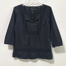 Prana Top Shirt L Black Organic Cotton Embroidered 3/4 Sleeve Boho Popover