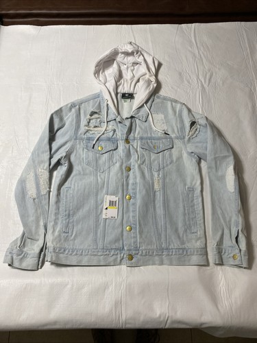 LRG Lifted Research Group Men’s Light Denim Jacket with Hood Size Medium