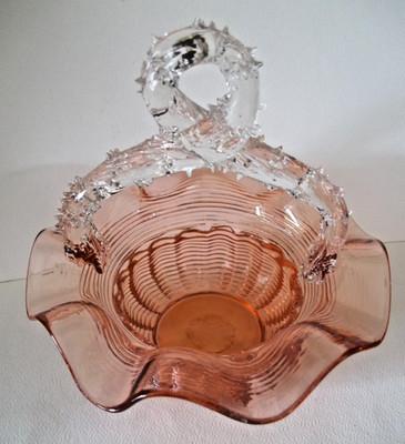 Antique Threaded and Twig Glass Salmon Pink Basket  Twist Handle Tree Branch