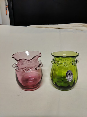 2 Small Blown Glass Bud Vases w/ Applied Clear Bands - Amethyst & Green