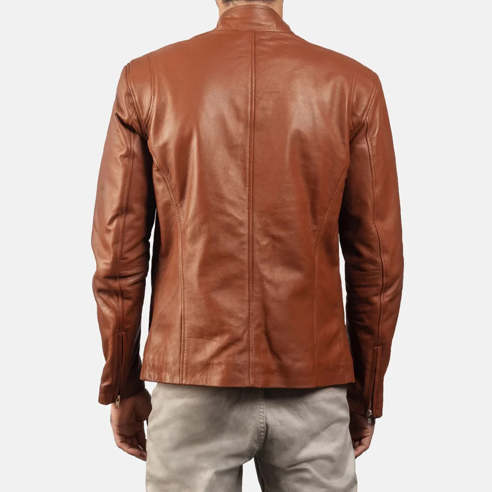 Men’s Brown Leather Jacket Slim Fit Stand Collar Casual Biker Style image 4
