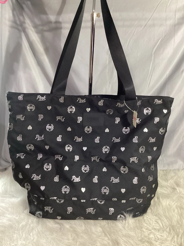 Victoria's Secret PINK - Black W/ Silver Large Poly Shopper Travel Tote Bag 14 - Image 2 of 4