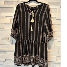Shear Black Stripe Print Detailed Hem & 3/4 Sleeve Tassels Dropwaist Boho Dress 
