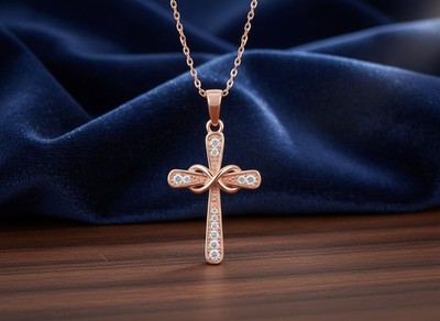 1/10ct Moissanite Infinity Cross Pendant Necklace 14K Rose Gold Plated Silver