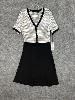 Karl Lagerfeld Womens Dress Knit Fit And Flare Black White Small Preppy Designer