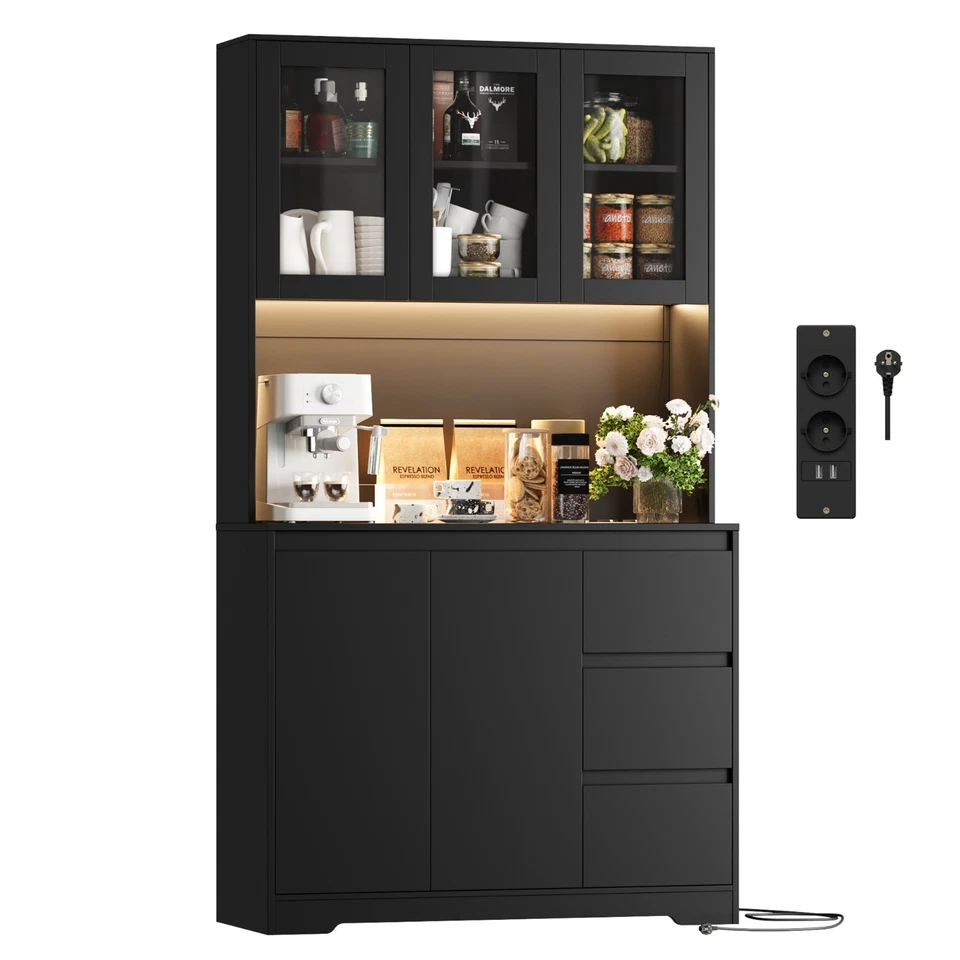 Buffet Haut avec LED et Multiprises Meuble Cuisine Rangement Portes vitrée - Photo 2/4