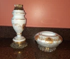Vtg. Mid-century Milk Glass Gold Leaf Table Top Cigarette Lighter & Ashtray