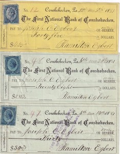 Lot 3 Original Checks FIRST NATIONAL BANK OF CONSHOHOCHEN PENNSYLVANIA 1881