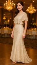 New Adrianna Papell Beige Sequin Lace Maxi Dress Popover Gown Size 2 Formal Prom