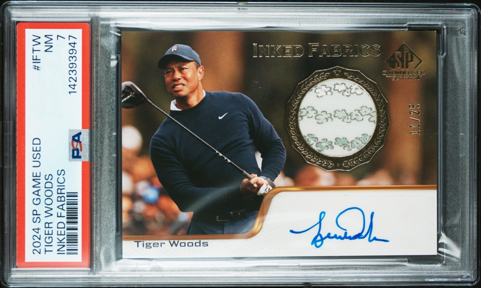 Tiger Woods 2024 UD SP Game Used Golf Inked Fabrics Auto Shirt Relic 11/25 PSA 7 