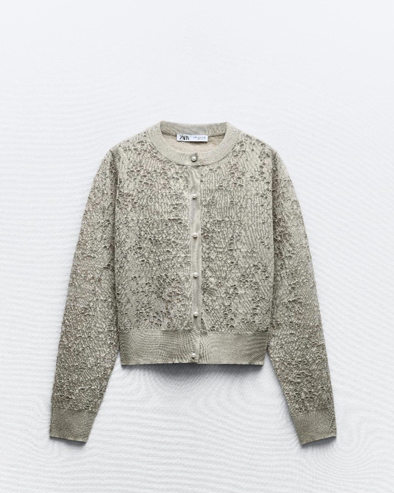 Zara Silver Jacquard Knit Cardigan With Metallic Thread