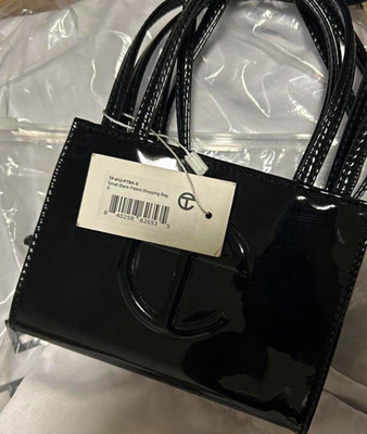 Telfar Small Black Patent Shopping Bag Tote w/ Original Dust Bag, Silver HW
