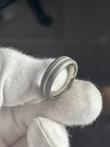 Bevel Cut, Titanium and Silver Stripe Ring, 6mm Wide, Sandblasted - Picture 4 of 8