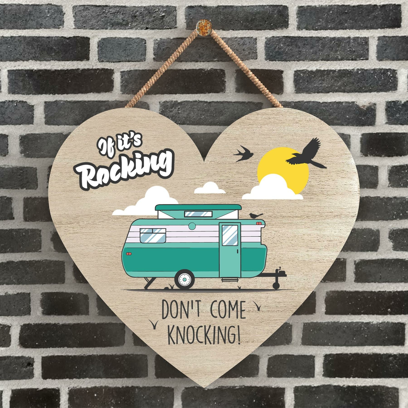 ROCKING GREEN CARAVAN THEMED HEART SHAPED HANGING PLAQUE