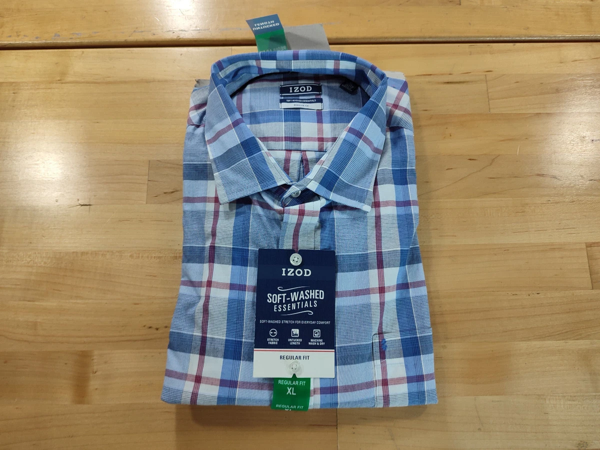 Men s Izod Soft Washed Stretch Untucked Dress Shirt Blue Plaid XL 17 17.5 36 37