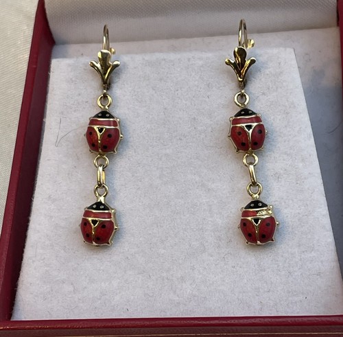 Vintage - 14k Yellow Gold Red Enameled LADYBUG - double drop Leverback Earrings - Picture 3 of 8