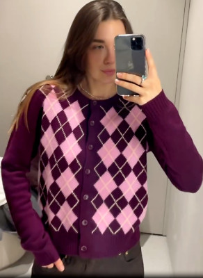 Zara Argyle Knit Cardigan 100% Wool Burgundy Pink Size S M
