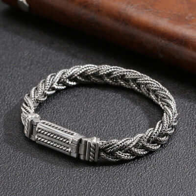 Real S925 Sterling Silver Bracelet Women Men Vintage Wider Bradiad