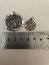 2x Old Vintage English White Metal St. Christopher Necklace & Bracelet Pendant.