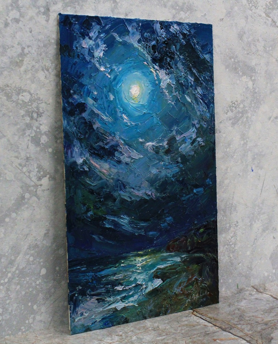 Moon and clouds Original painting IMPRESSIONISM Oil on panel