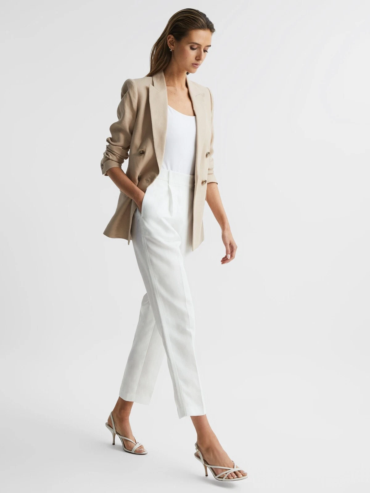 REISS TALL SHAE TAPER TAPERED LINEN TROUSERS IN WHITE SIZE 14
