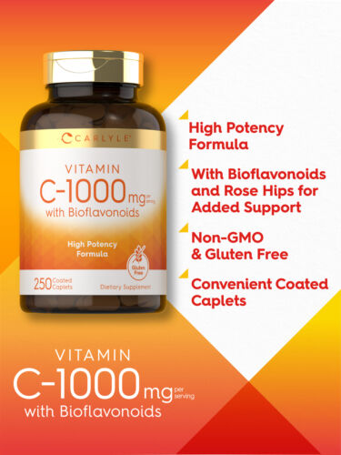 Vitamin C 1000mg with Bioflavonoids | 250 Caplets | with Rose Hips | by Carlyle - Picture 4 of 8