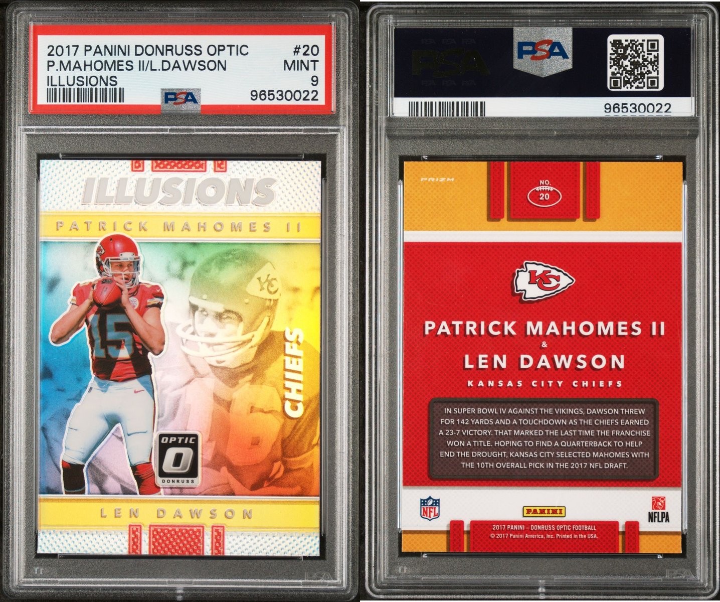 2017 Panini Donruss Optic Illusions PATRICK MAHOMES II LEN DAWSON RC PSA 9 view 3