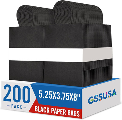 GSSUSA 200 Pack Black Paper Gift Bags 5.25x3.75x8'', Black Kraft Bags with Handl