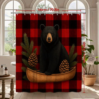 Black Bear Plaid Shower Curtain with Pine Cones for Rustic Decor