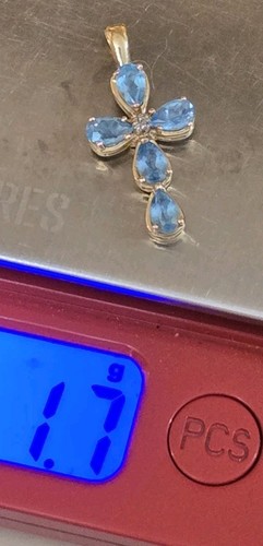 Vintage 14k Yellow Gold Blue Topaz Diamond Cross Pendant - Picture 3 of 4