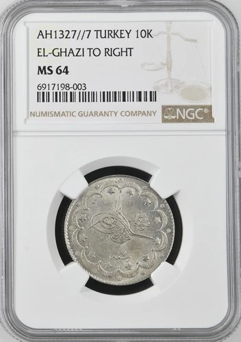 TURKEY - OTTOMAN , SILVER 10 KURUSH MOHAMED V 1327/7 AH - NGC MS 64 , RAREC