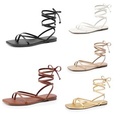 Women Square Toe Lace Up Flat Sandals Summer Stylish Comfort Vacation Sandals