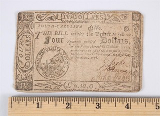 1777 Antique 18thC SOUTH CAROLINA Spanish Milled Dollar Colonial Currency Bill
