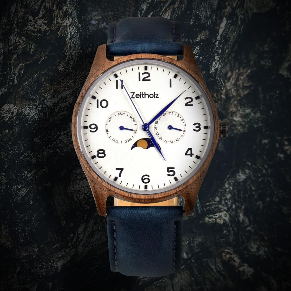 Orologio Uomo Zeitholz Klitten In Legno Di Palissandro - 42mm, Movimento Quarzo Giapponese, Calendario E Fasi Lunari - 2