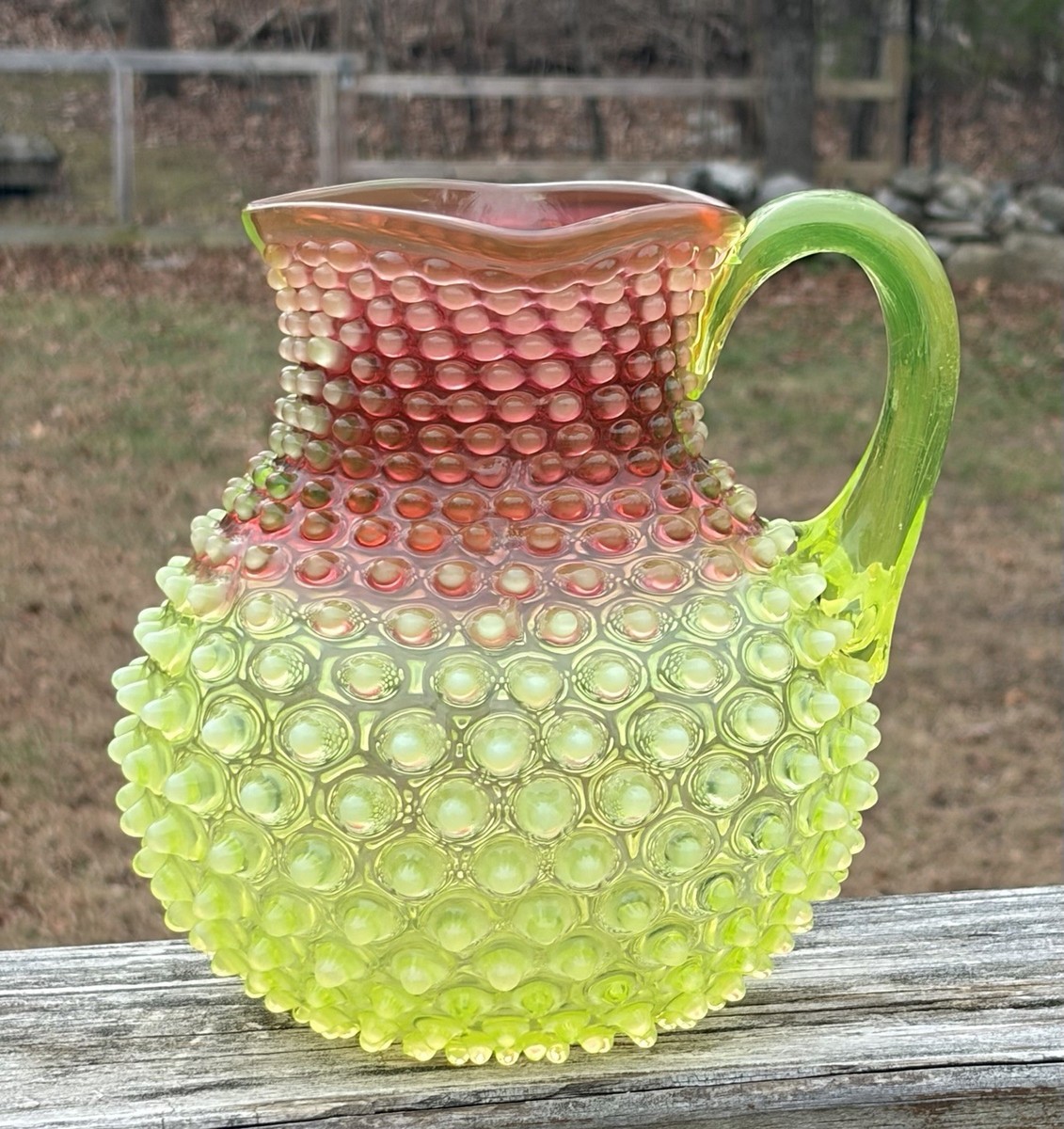Hobbs Brockunier Vaseline Art Glass Rubina Verde Hobnail Pitcher