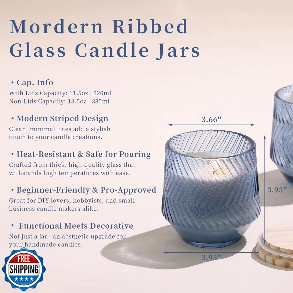 LAMORGIFT 6 Pcs 13.5 OZ Blue Large Candle Jars for Making Candles, Ribbed Uni - Image 3 of 4