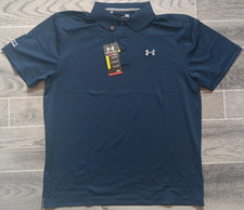 NWT Embroidered Under Armour Heat Gear Mens L Navy Blue Loose Golf Polo Shirt