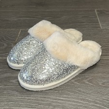 Simply Southern Silver Sequin Flat Women  s 9 Slippers Ivory Soft Faux Fur Lined