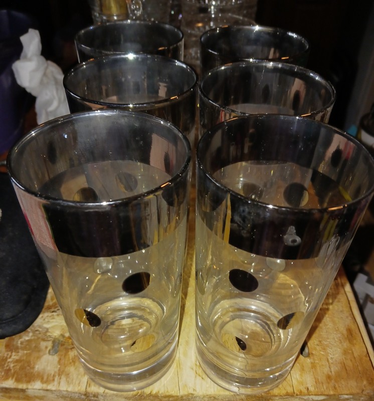 MCM Dorothy Thorpe 1960’s Highball Tumbler Bar Glass Silver Rim Polka Dot